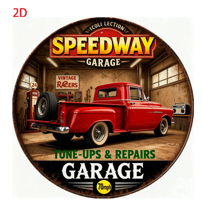 Vintage Retro Garage Aluminum Round Wall Plaque: 2D Flat Metal Sign with Classic Cars & Tools Design – for Bars, Cafes,