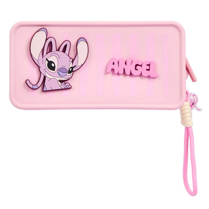 MINISO Disney Stitch Angel Silicone Cosmetic Bag Cute Pink Makeup Organizer Pouch Portable Zipper Toiletry Bag with Wrist Strap
