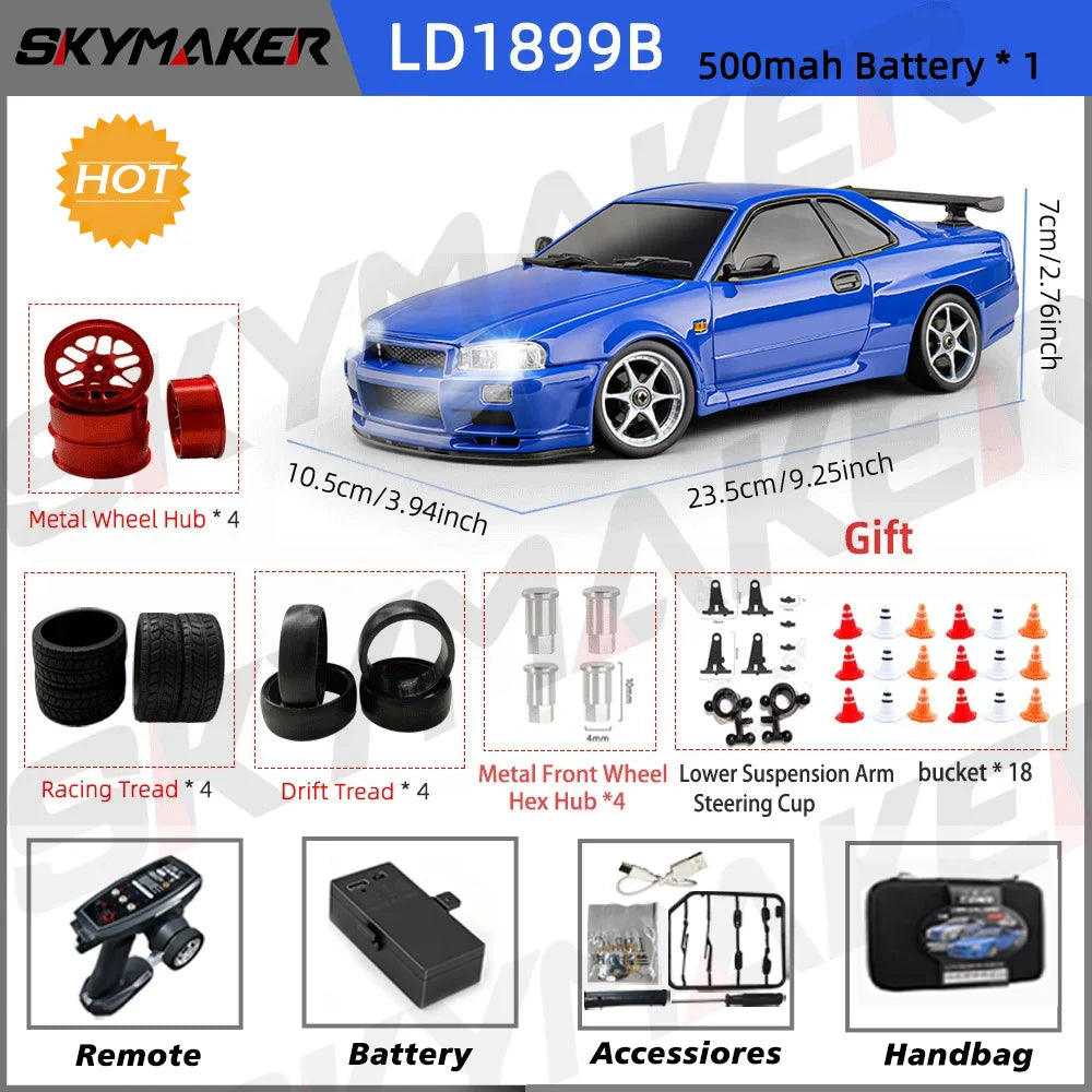 Skymaker LDRC 1/18 RC Drift Car LD1899 GTR Mode R34 2.4GHz RWD with Gyroscope on-Road Alloy Body Shell Racing Car for Boys Gifts