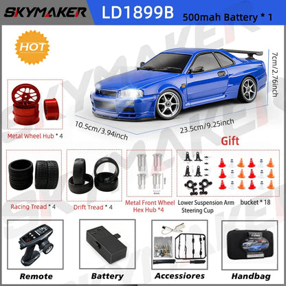 Skymaker LDRC 1/18 RC Drift Car LD1899 GTR Mode R34 2.4GHz RWD with Gyroscope on-Road Alloy Body Shell Racing Car for Boys Gifts