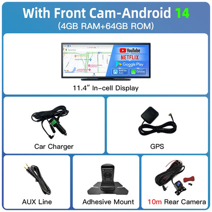 Imagebon 11.4" Android 14 Dashcam 8 Core In-Cell Screen with Wireless CarPlay & Android Auto Youtube Netflix Google Play Car DVR