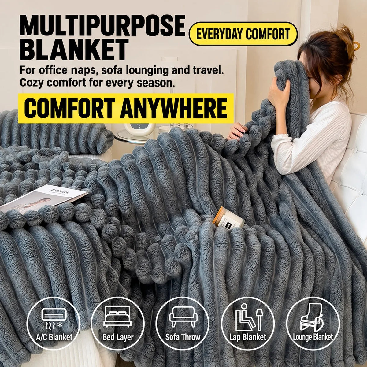 Thick Warm Wide Striped Flannel Blanket Solid Color Soft Fluffy Plush Throws for Sofa Bed Office Travel Multifunctional Blanket