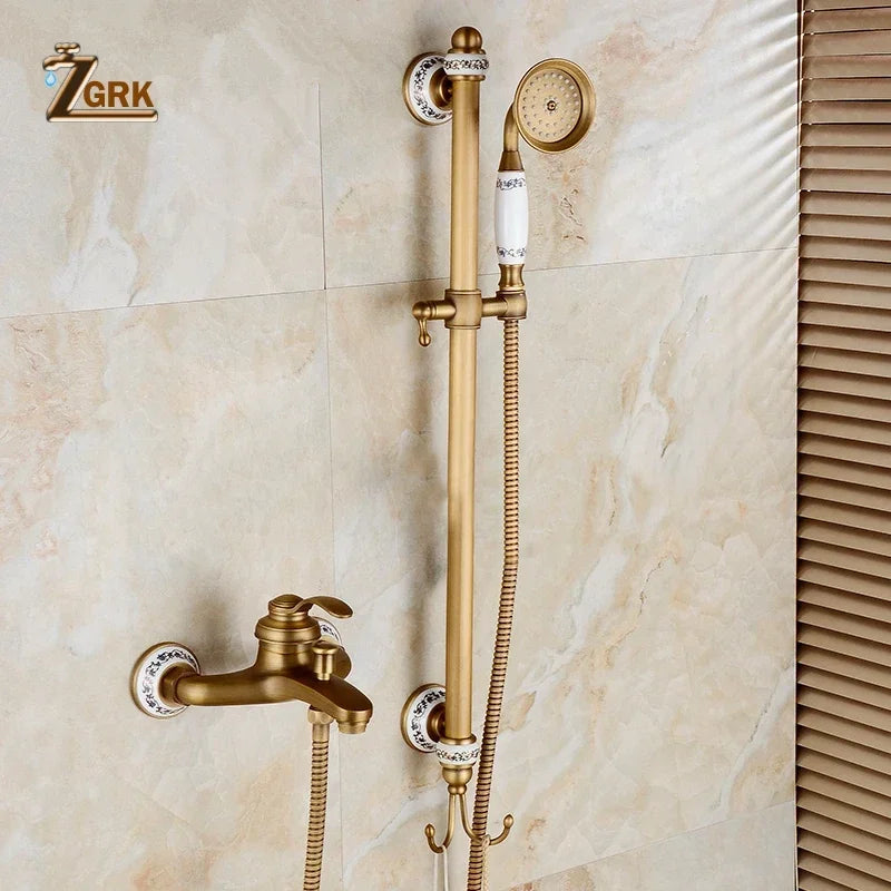 Brass Luxury Bathroom Shower Antique Bronze Finished Wall Mounted Lifting Bathroom Shower Mixer Set Portable Shower