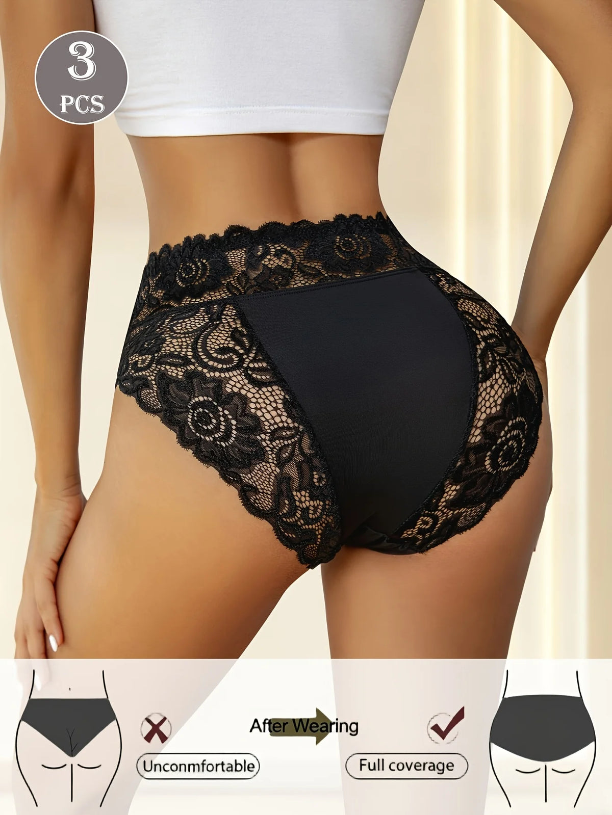 3pcs Women's High-Waist Briefs Lace Trim Soft Breathable Underwear, Solid Color Panties Suitable for All Seasons, Daily Wear