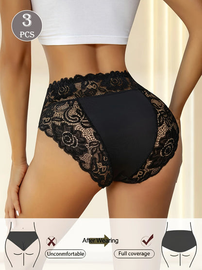 3pcs Women's High-Waist Briefs Lace Trim Soft Breathable Underwear, Solid Color Panties Suitable for All Seasons, Daily Wear