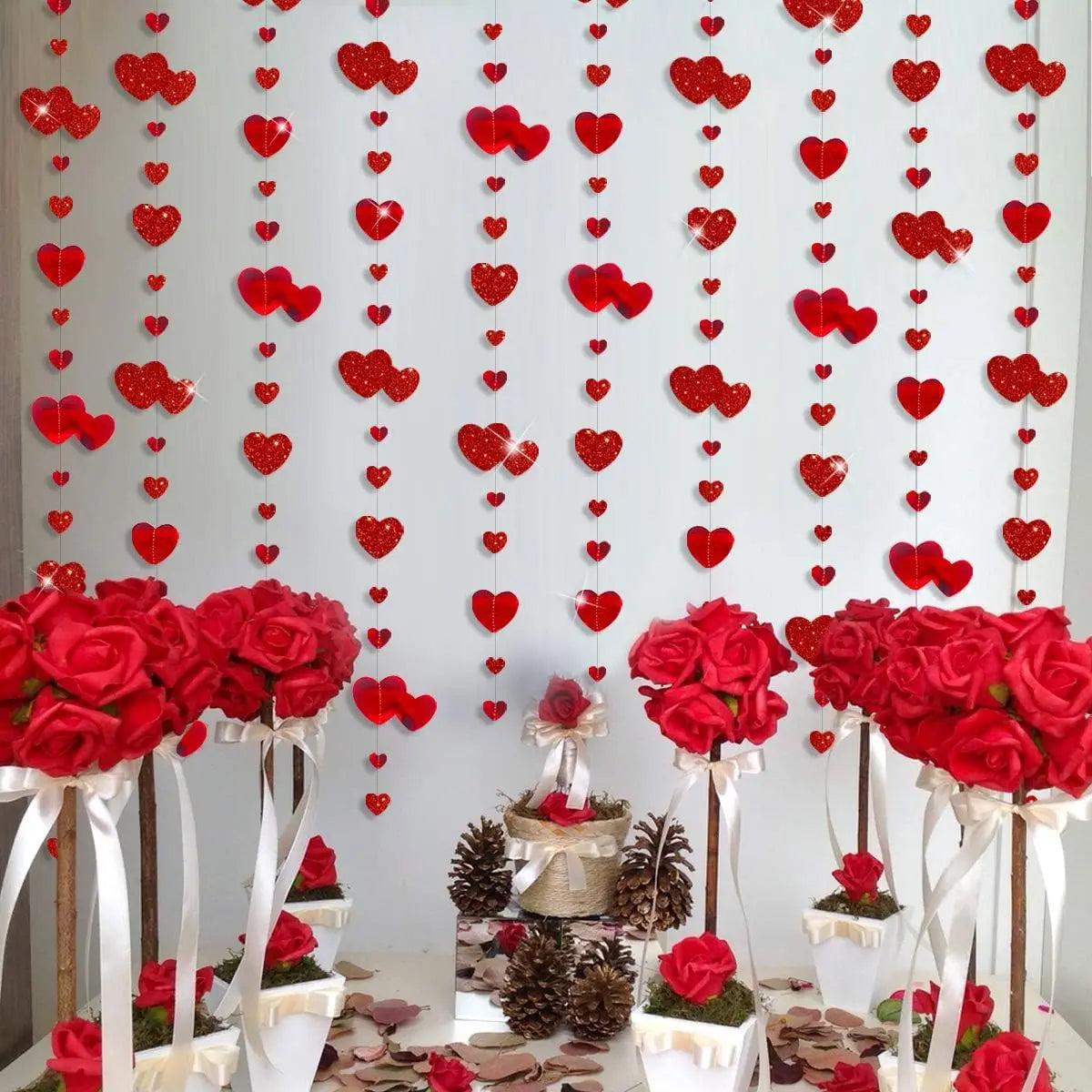 1-4PCS Red Heart Garland Metallic Glitter Hanging Heart Streamer Banner for Anniversary Mother's Day Engagement Wedding Supplies