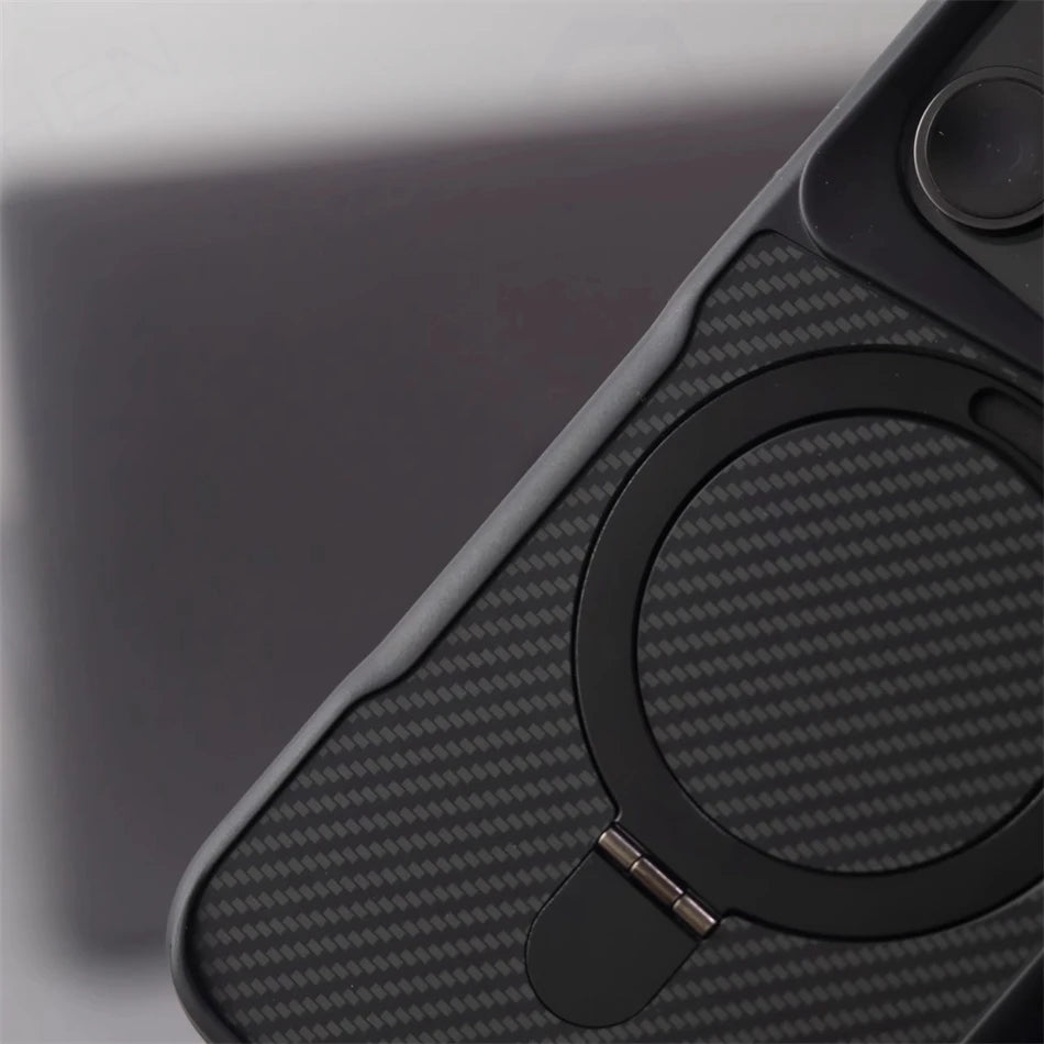 Luxury For Magsafe Shockproof Frame Armor Case For iPhone 13 15 12 14 16 17 18 Pro Max Metal Bracket Carbon Fiber Pattern Cover
