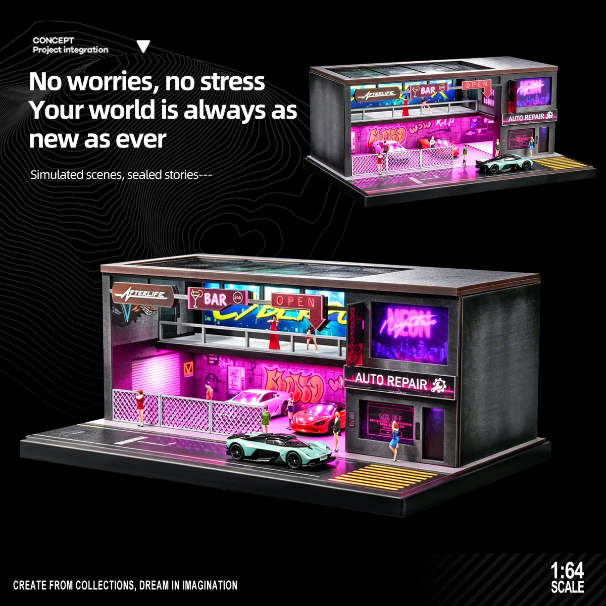 1:64 Scale Car Garage Diorama Model Assemble LED Lighting Car Parking Lot Backdrop Display Scene Model Toy Collection Gift