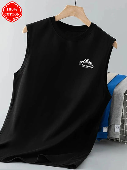 100% cotton men's summer sleeveless top Minimal Mountain Graphic Sleeveless Tee Soft Cotton Daily Wear Streetwear Tank Vest-T76