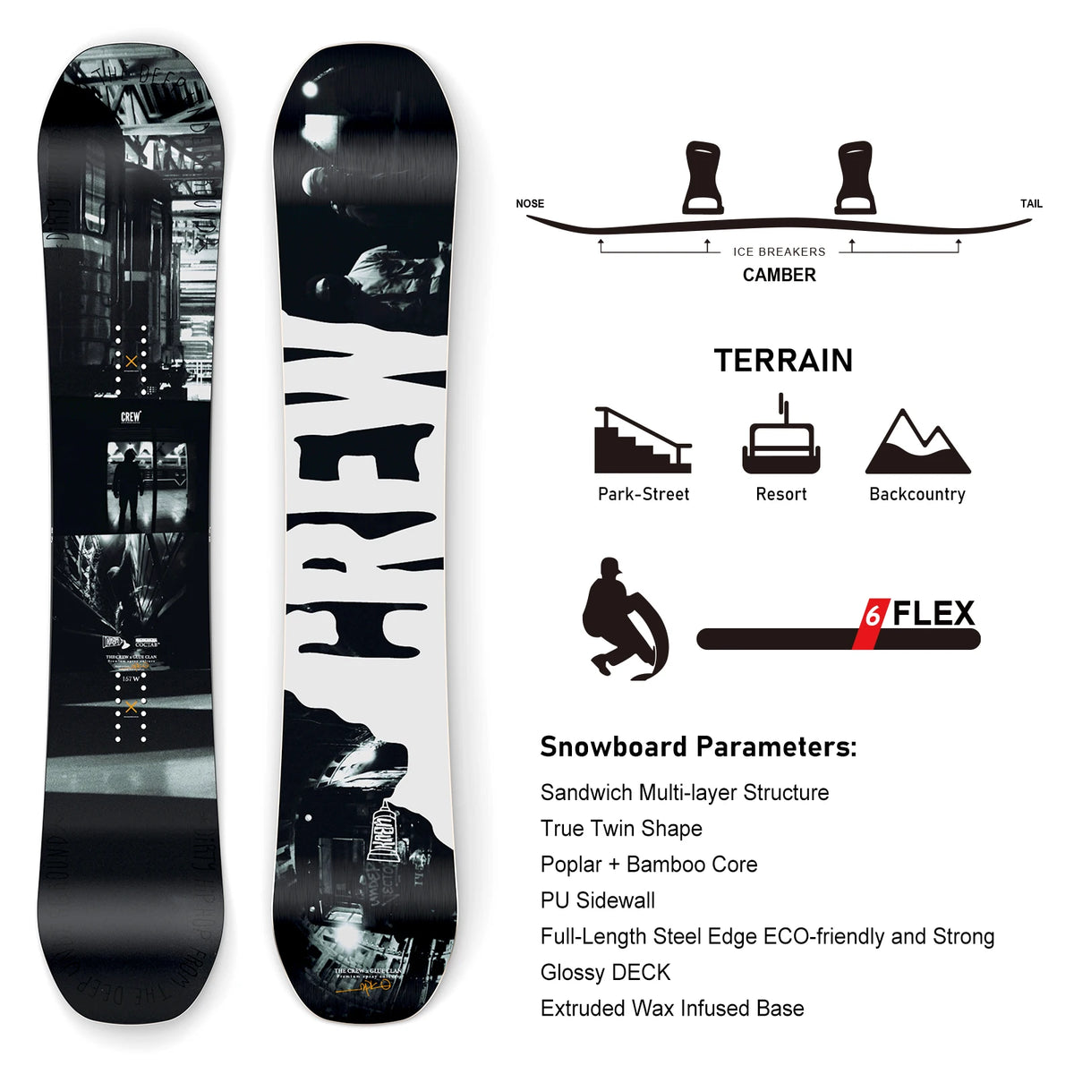 XCMAN Men's Beginner-Friendly Snowboard All-Mountain,True Twin Shape,Camber/Rocker, Flex-6