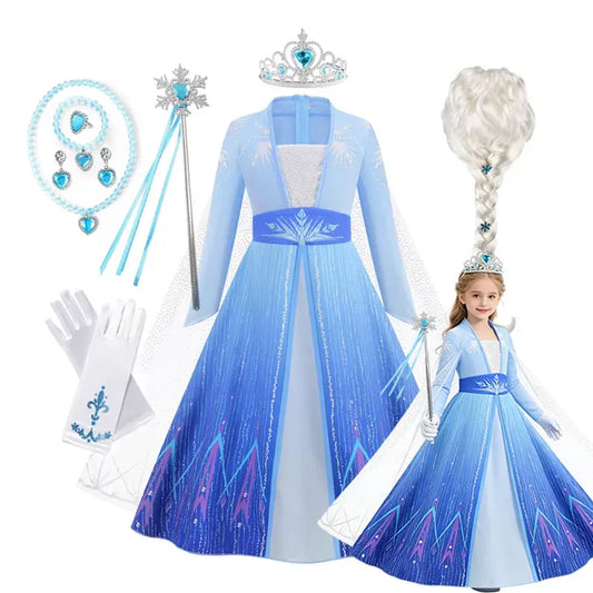 Girls Long Sleeve Snow Queen Costume Kids Elsa Princess Dress for Birthday Party Halloween Cosplay Carnival Fancy Outfit