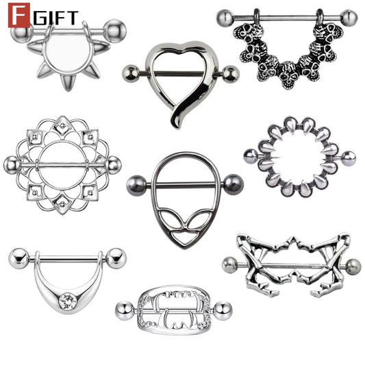 2Pcs 14G 16G Titanium Nipple Barbell For Women Men Gothic Punk Skull Alien Vampire Teeth Nipple Rings Body Meme Piercing Jewelry