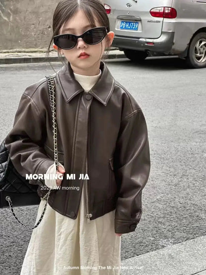 Children's Leather Jacket Spring Autumn New Style Boys Girls Korean Fashionable Biker Coat Kids Clothing
