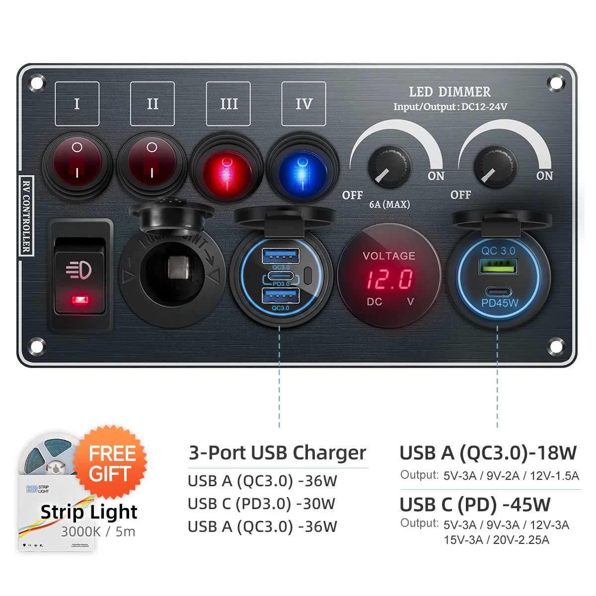 Toggle Switch Multi-Functions Aluminum Panel LED Dimmer Switch 12V 24V for RV Dual Port USB QC3.0  Cigarette Lighter