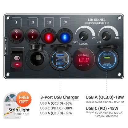 Toggle Switch Multi-Functions Aluminum Panel LED Dimmer Switch 12V 24V for RV Dual Port USB QC3.0  Cigarette Lighter
