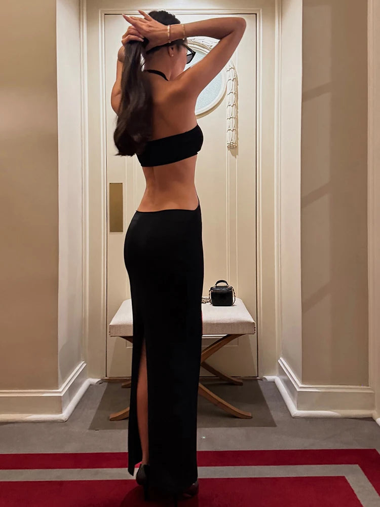 Weird Puss Sexy 2-Piece Set Women Chest Wrapped Top+Halter Backless Peach Hip Split Dress Matching Hottie Dating Slim Clubwear