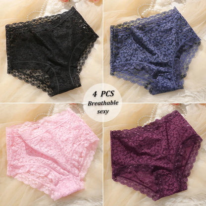 4PCS/SET Women Soft Lace Panties Breathable High Waist Underwear Hollow Sexy Lingerie Floral Solid Color Transparents Briefs New