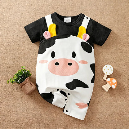 Newborn Baby Unisex Summer Cow Horn Fake Suspender Short Sleeve Spandex Stretch Wrinkle‑Resistant Daily Photo Jumpsuit 0‑18M