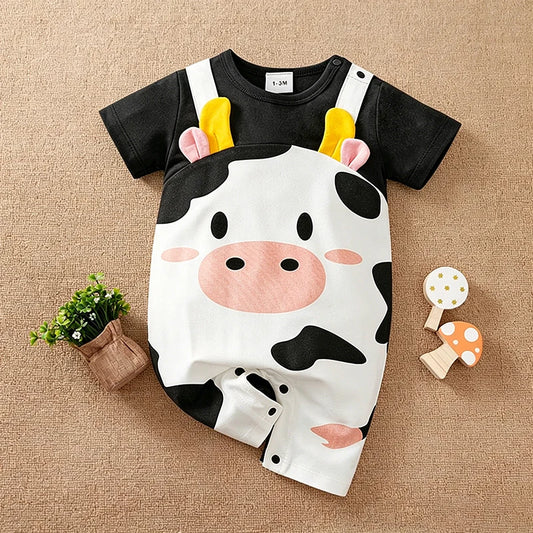 Newborn Baby Unisex Summer Cow Horn Fake Suspender Short Sleeve Spandex Stretch Wrinkle‑Resistant Daily Photo Jumpsuit 0‑18M
