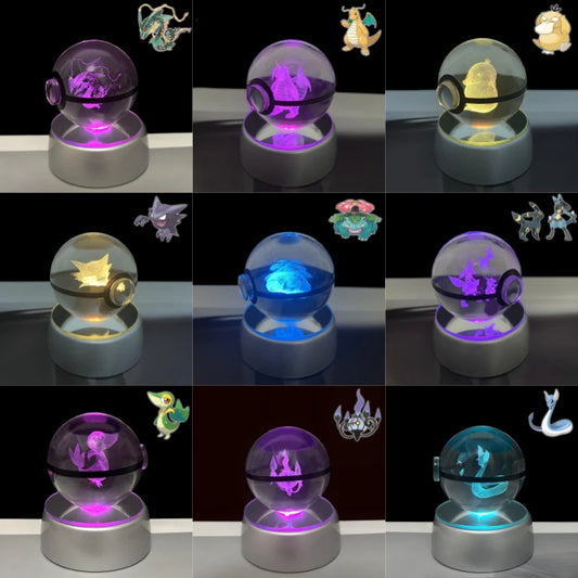 Pokemon 3D Crystal POKE BALL Figure Toys Snivy Dragonair Blastoise Venusaur Milotic Raichu Night Light LED Lamp Base Model Dolls