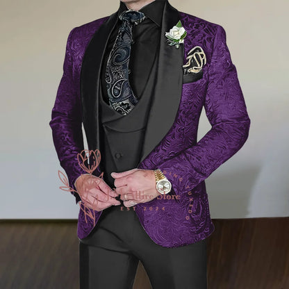 Silver-Grey Jacquard Suit for Men 3Pcs Set Black Satin Jacket Vest Pants Tailored Fit for Wedding Groom Cocktail Party Tuxedo