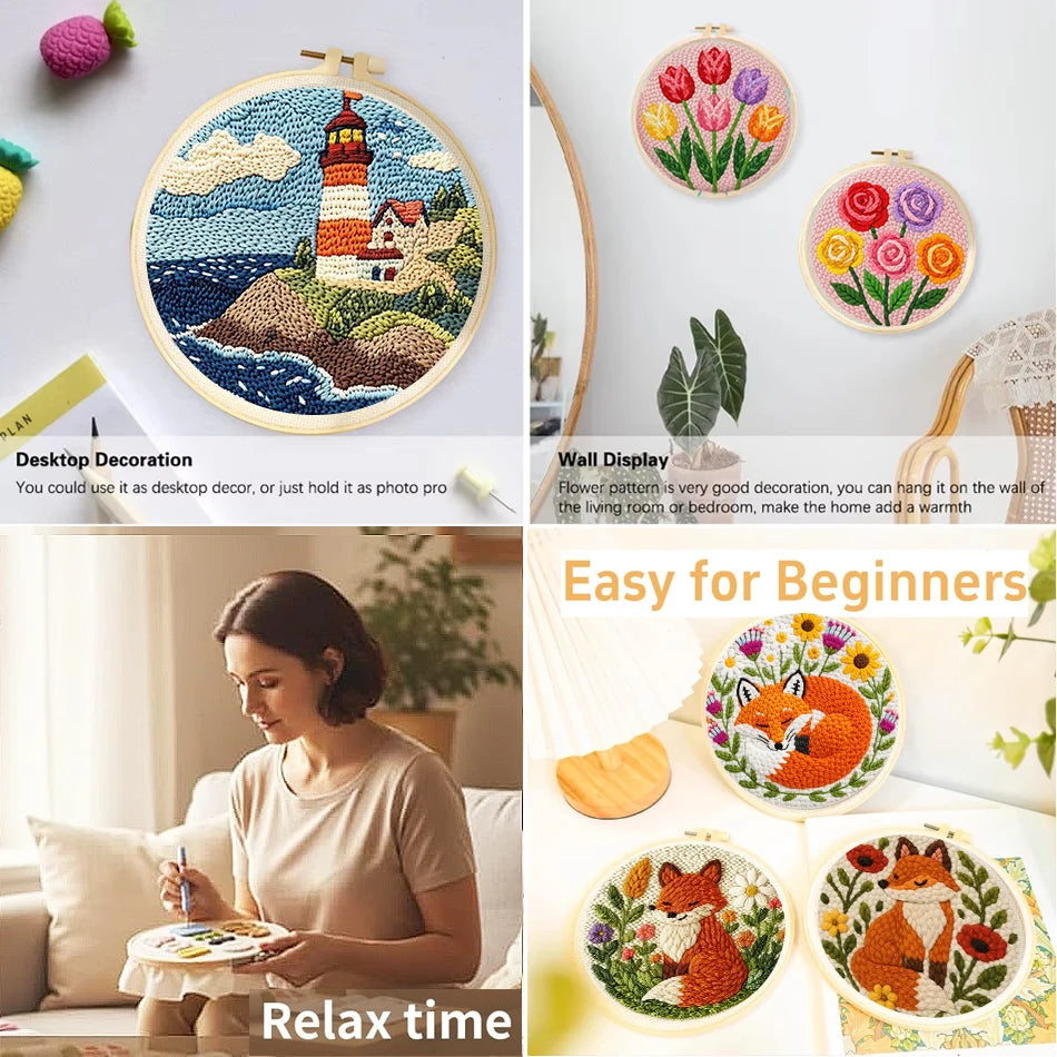 Punch Needle Embroidery Starter Kits Scenery Pattern for Adults Beginners DIY Craft Punch Needle Kits Embroidery With Frame