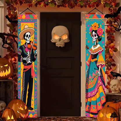 Day Of The Dead Door Banner Set Skeleton Couple Polyester Cloth Dia De Los Muertos Halloween Porch Sign For Indoor Outdoor Decor