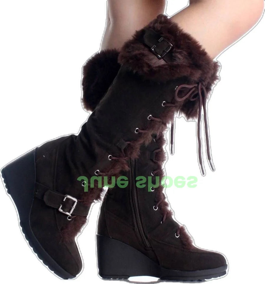 Lady Gladiator Fur Warm Wedges Heel Knee Boots Black Suede Fur Lace-Up Footwear Buckle Strap Runway Boots Fur Suede Brown Boots