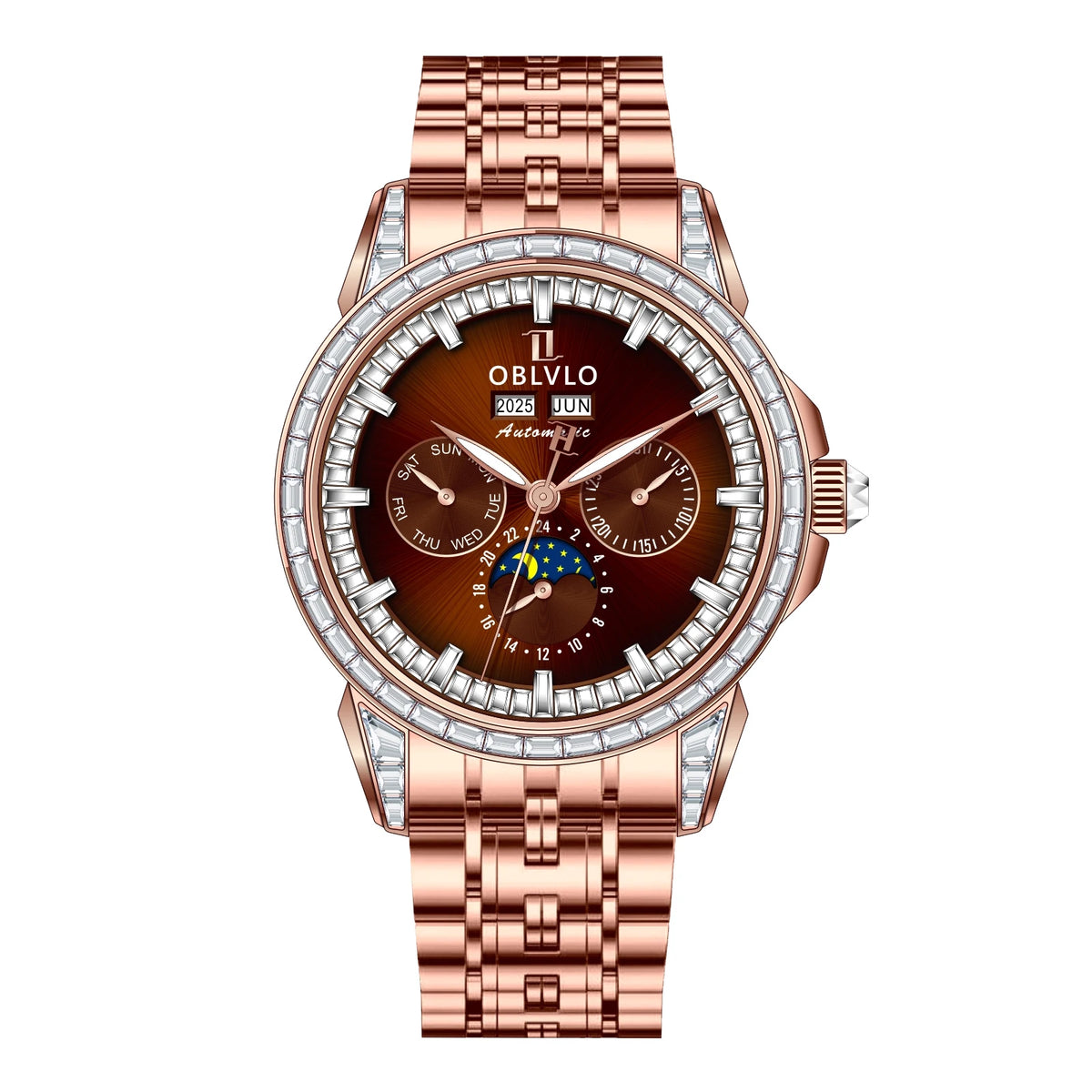 OBLVLO Men's Multifunctional Mechanical Watch with Colorful Zircon Moonphase Elegant Rose Gold Bracelet Band GCM-MUT