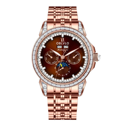 OBLVLO Men's Multifunctional Mechanical Watch with Colorful Zircon Moonphase Elegant Rose Gold Bracelet Band GCM-MUT
