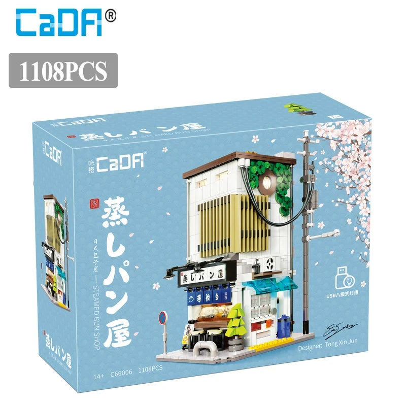 Cada Japanese Sushi HouseBricks Shop LED Japanese Steamed Bun House Building Blocks Summer Cafe Cada Toy Street View Series Set