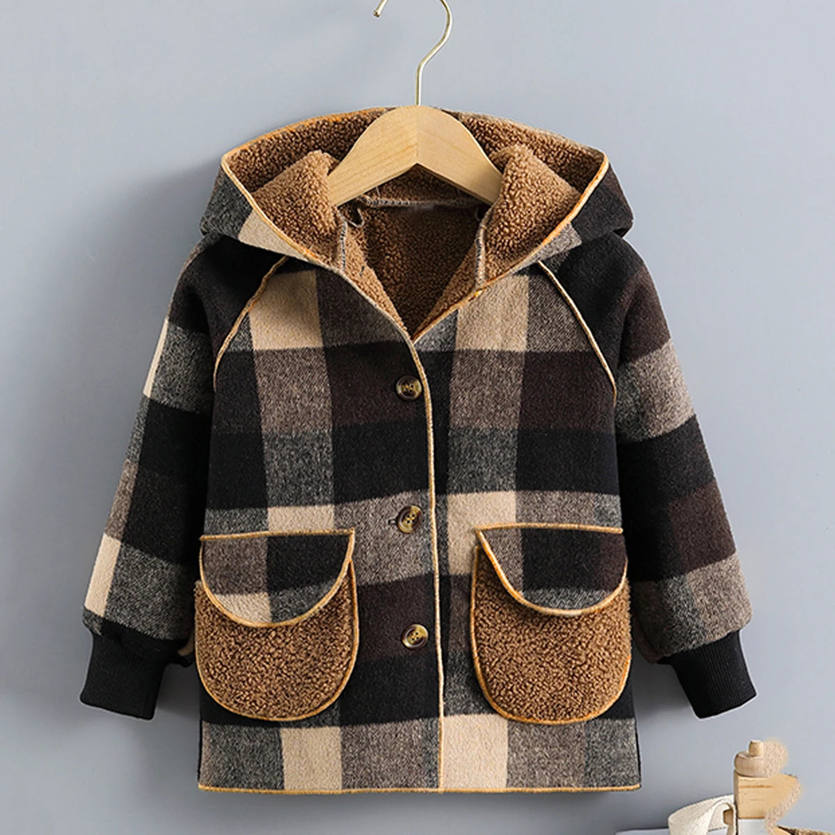 Children's Clothing Boys' Plaid Hooded Mid-Length Spring and Autumn Jacket, Winter Open-Front Outerwear, Comfortable Raglan Sleeves