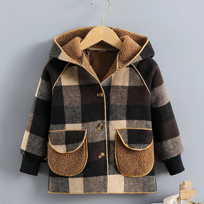 Children's Clothing Boys' Plaid Hooded Mid-Length Spring and Autumn Jacket, Winter Open-Front Outerwear, Comfortable Raglan Sleeves