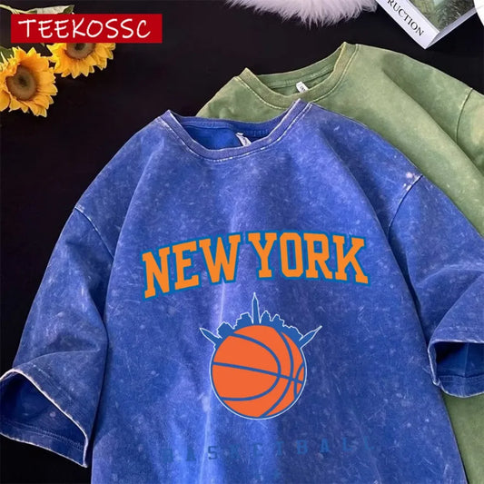 New York Basketball Printed Washed Men T-Shirt Summer Casual Fashion T-Shirts Sport Cotton Streetwear Breathable Short Sleeve