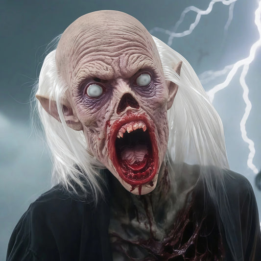 Realistic Scary Zombie Halloween Mask Bald Head Bloody Open Mouth Long White Hair Cosplay Horror Party Haunted House Props
