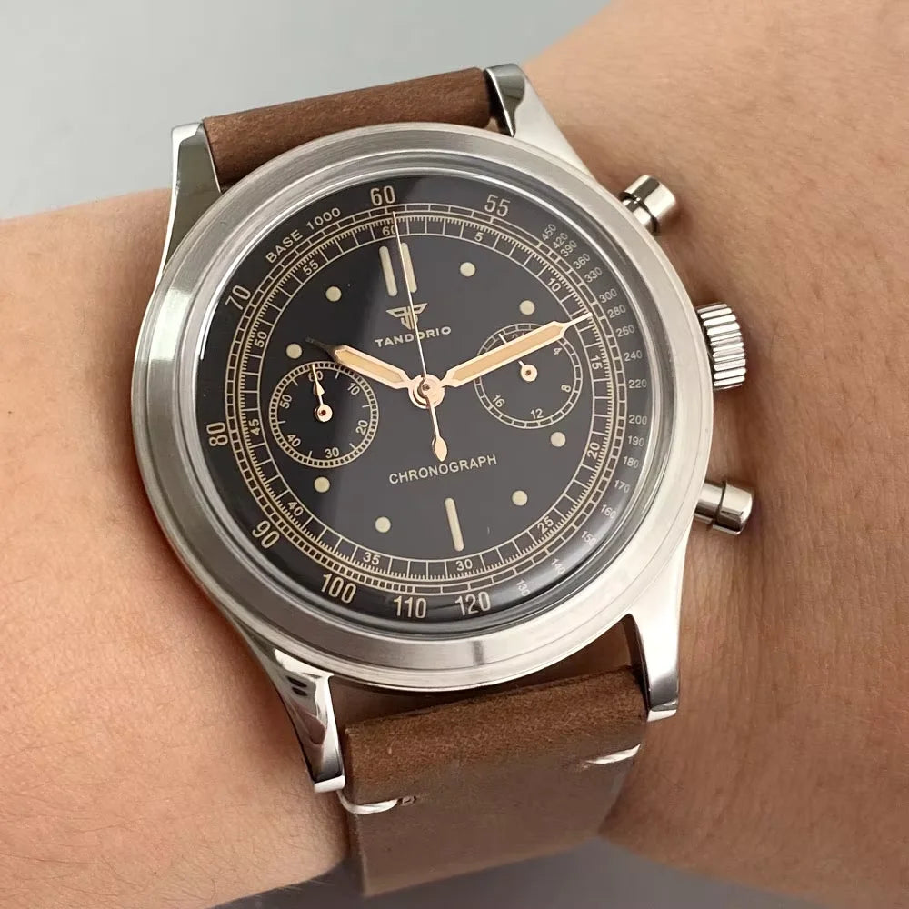 Rose Gold 38mm Tandorio Retro Men Watch Sport Watches Miyota OS20 Movement Chronograph Quartz Clock Black White Arched Glass