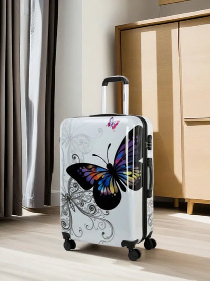 Women's Silent Spinner Wheels Luggage Lightweight Trolley Case Butterfly Pattern Suitcase for Ladies, TSA Lock With Makeup Box