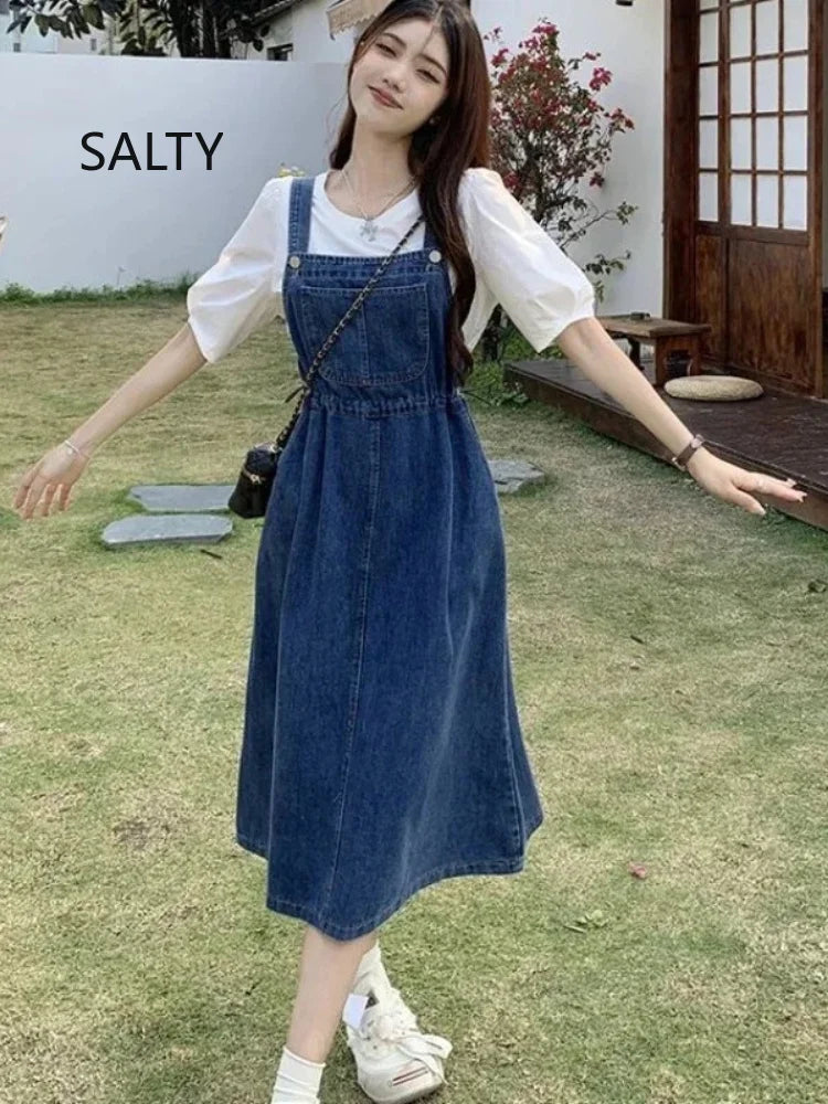 New 2025 Fashion Women's Denim Suspender Dress Causal Female High Waist A-line Solid Strap Jean Dresses Woman