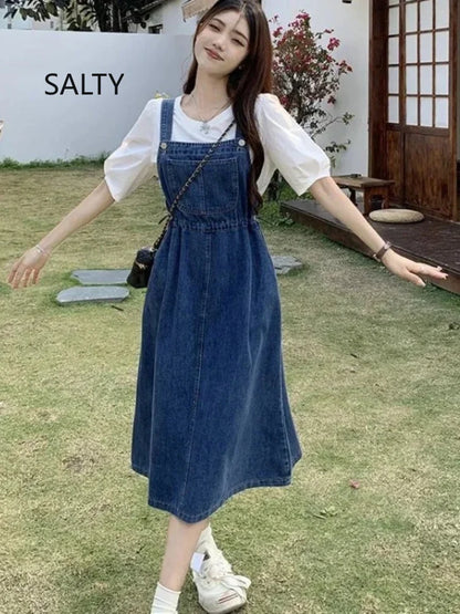 New 2025 Fashion Women's Denim Suspender Dress Causal Female High Waist A-line Solid Strap Jean Dresses Woman