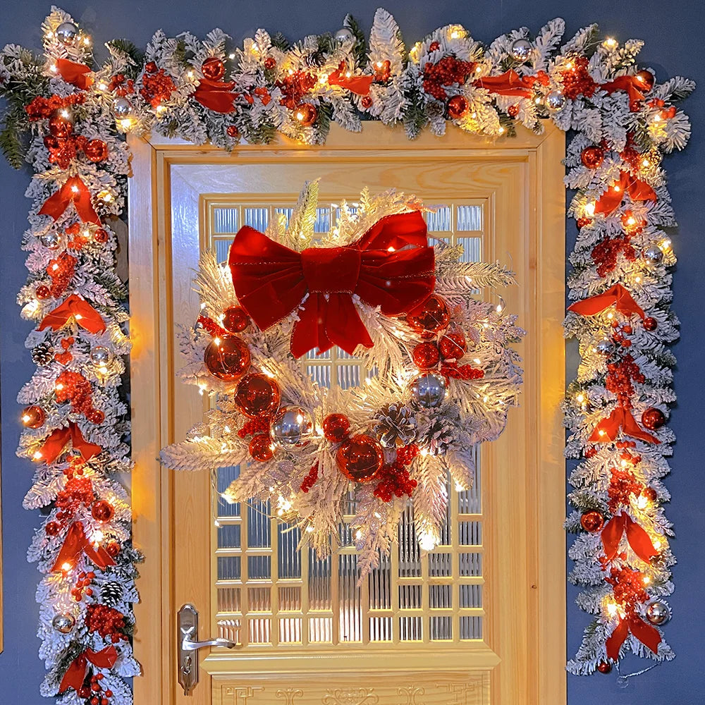 Christmas Wreath Rattan Set Christmas Decorations Bow Flower Garland For Front Door Hanging Christmas Ornaments New Year Decor