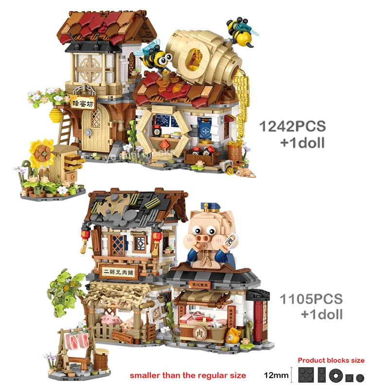 LOZ New Creative Mini Street View Bee Shop Building Block DIY Chinese Folding StreetView Pork Shop Puzzle Toys Birthday Gift