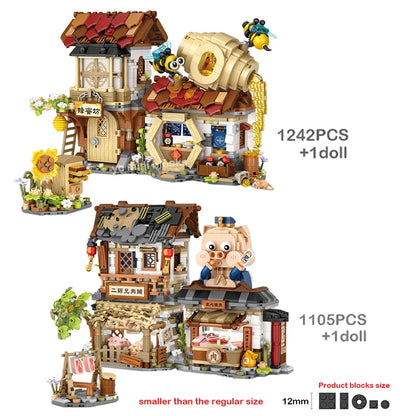 LOZ New Creative Mini Street View Bee Shop Building Block DIY Chinese Folding StreetView Pork Shop Puzzle Toys Birthday Gift