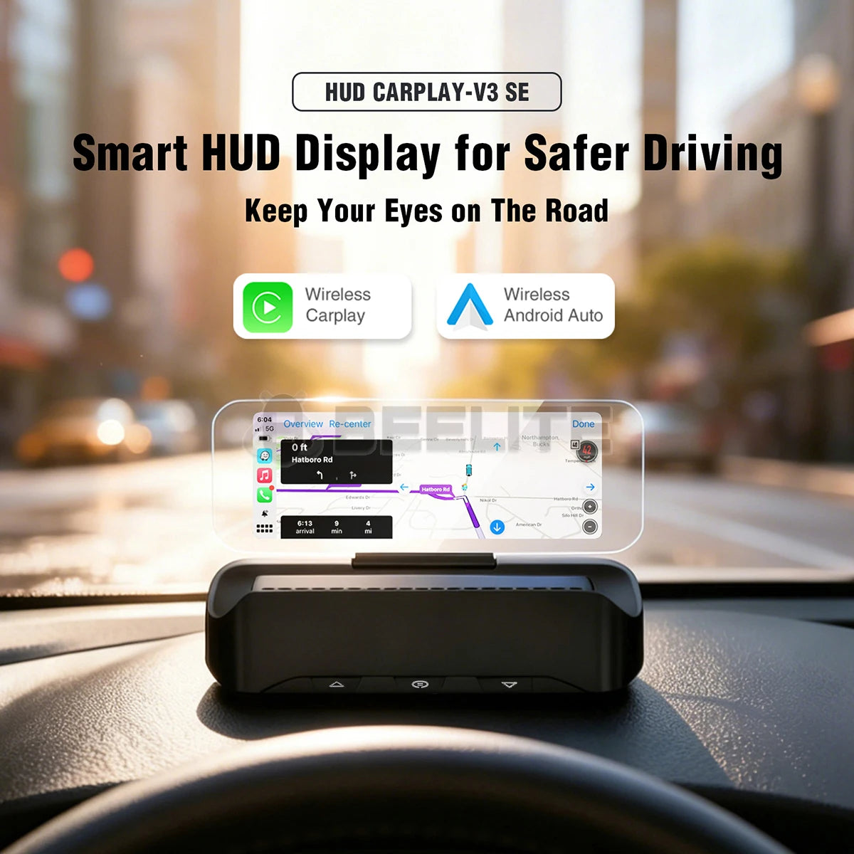 Beelite 2.99" Car HUD Display Wireless CarPlay Android Auto, Bluetooth Audio Output, Light Sensor For Auto Brightness