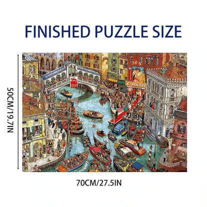 1000pcs Relaxing Adult Jigsaw Puzzle Cartoon Busy Canal Challenging 1000pieces Puzzle 70x50cm Perfect Gift Ideal for Adults