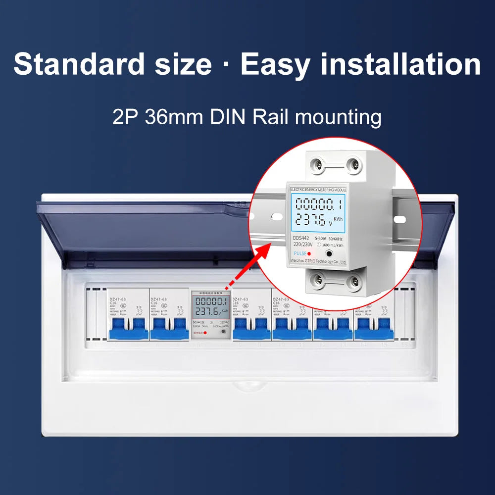 GTRIC Energy Meter 2P Single Phase Voltage Current Power Consumption Meter Wattmeter LCD Digital Display DIN Rail 230VAC 80A
