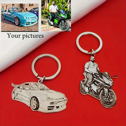 Stainless Steel Round Custom Keychain, Customized with Cartoon Photos of Sports Cars, Motorcycles, and Bicycles, Fashionable Keychain for Racing Enthusiasts and Men