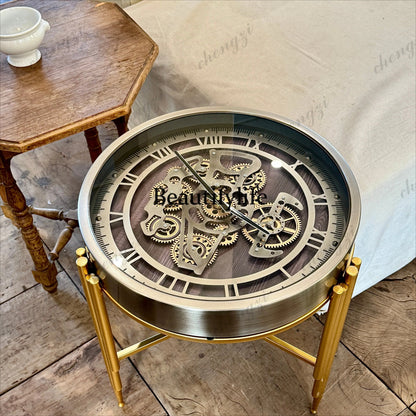 Retro high-end light luxury Nordic style clock gear American living room sofa side table small coffee table tempered glass