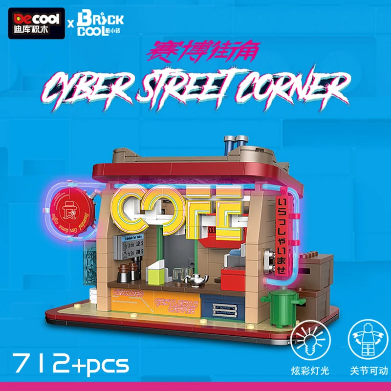 DECOOL Cyberpunk Street View Building Blocks Coffee Shop Sushi Restaurant With Led Strip Bricks Toys For Boys Birthday Gifts