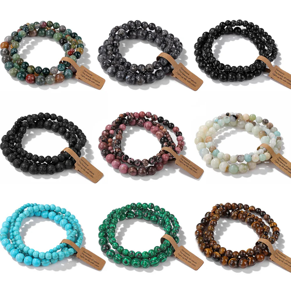 3 Pcs/set Healing Crystal Bracelets for Women 4 6 8mm Natural Stone Beaded Stretch Bracelet Amethyst Indian Agates Jewelry Gifts