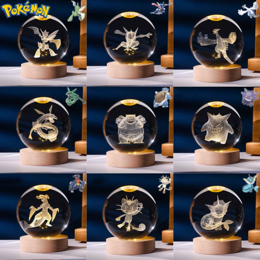 Pokemon 3D Crystal Ball Figure Toys Blastoise Scyther Garchomp Greninja Lugia Ampharos Gengar Glass Ball Night Light Gifts Kids